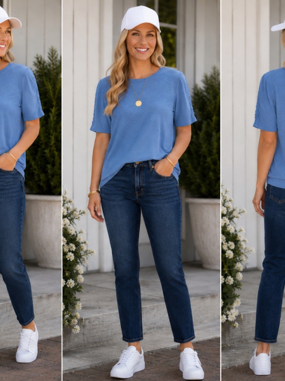 Light Blue Ruched Cuff Crewneck Tee